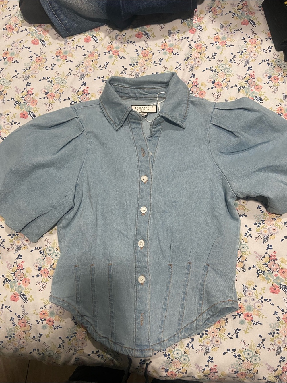 bagatelle Light Blue Puff-Sleeve Denim Button-Front Shirt